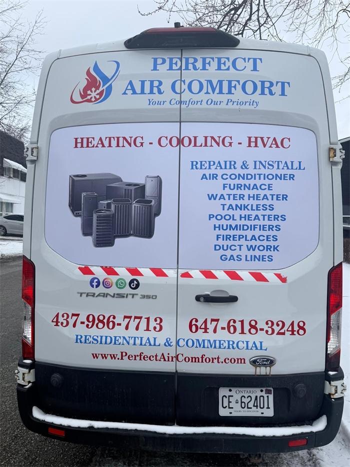 Back of the Perfect Air Comfort van listing air conditioners, furnaces, water heaters, tankless, pool heaters, humidifiers, fireplaces, duct work and gas lines
